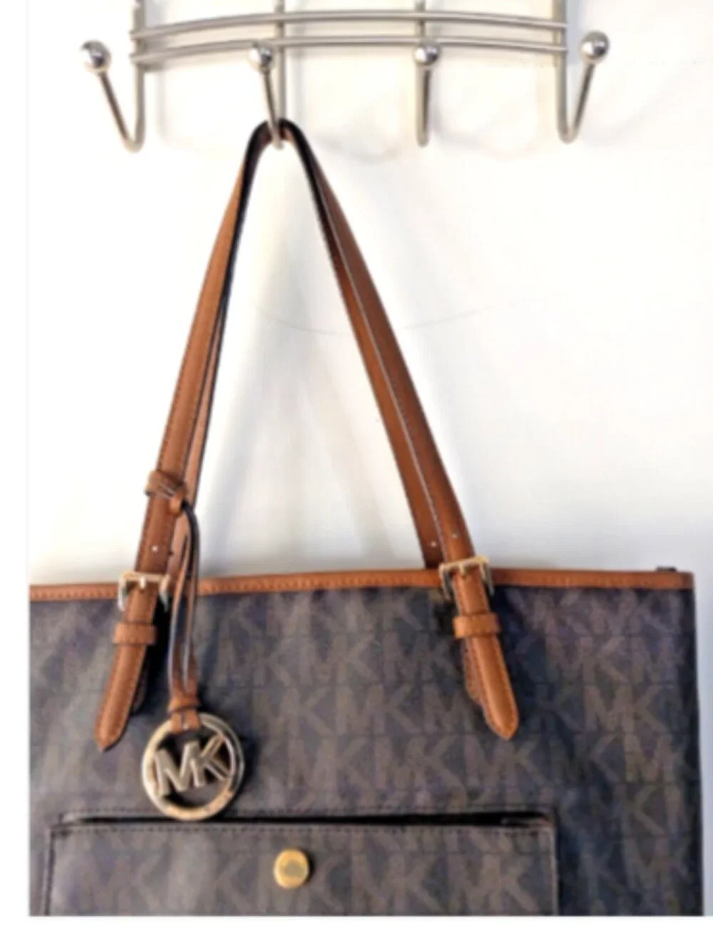 Michael Kors Large Tote Bag Brown MK Signature Logo Gold Charm Zip Top Purse